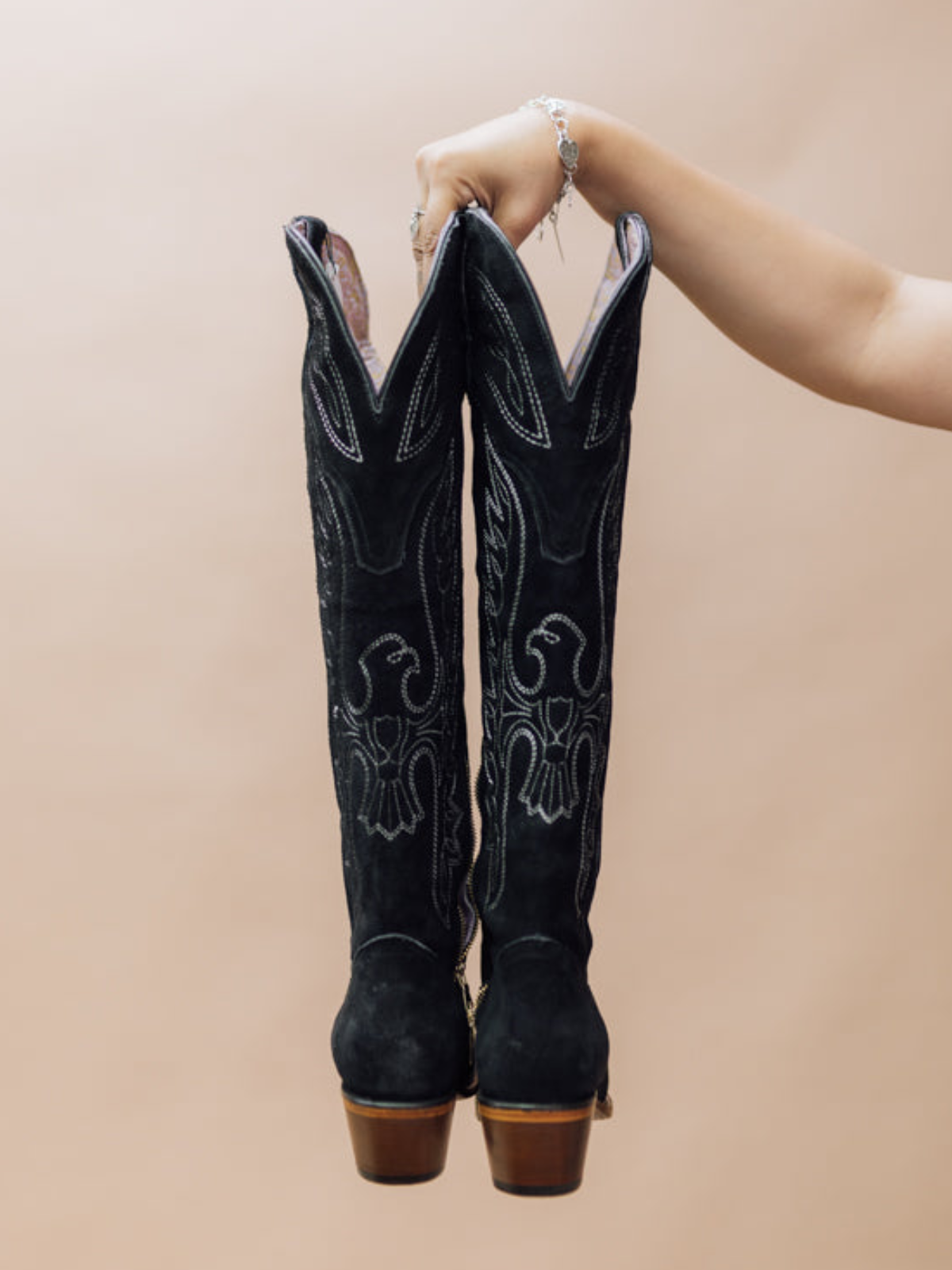 Eagle Embroidery Snip-Toe Half-Zip Over-The-Knee Tall Cowgirl Boots - Black Faux Suede