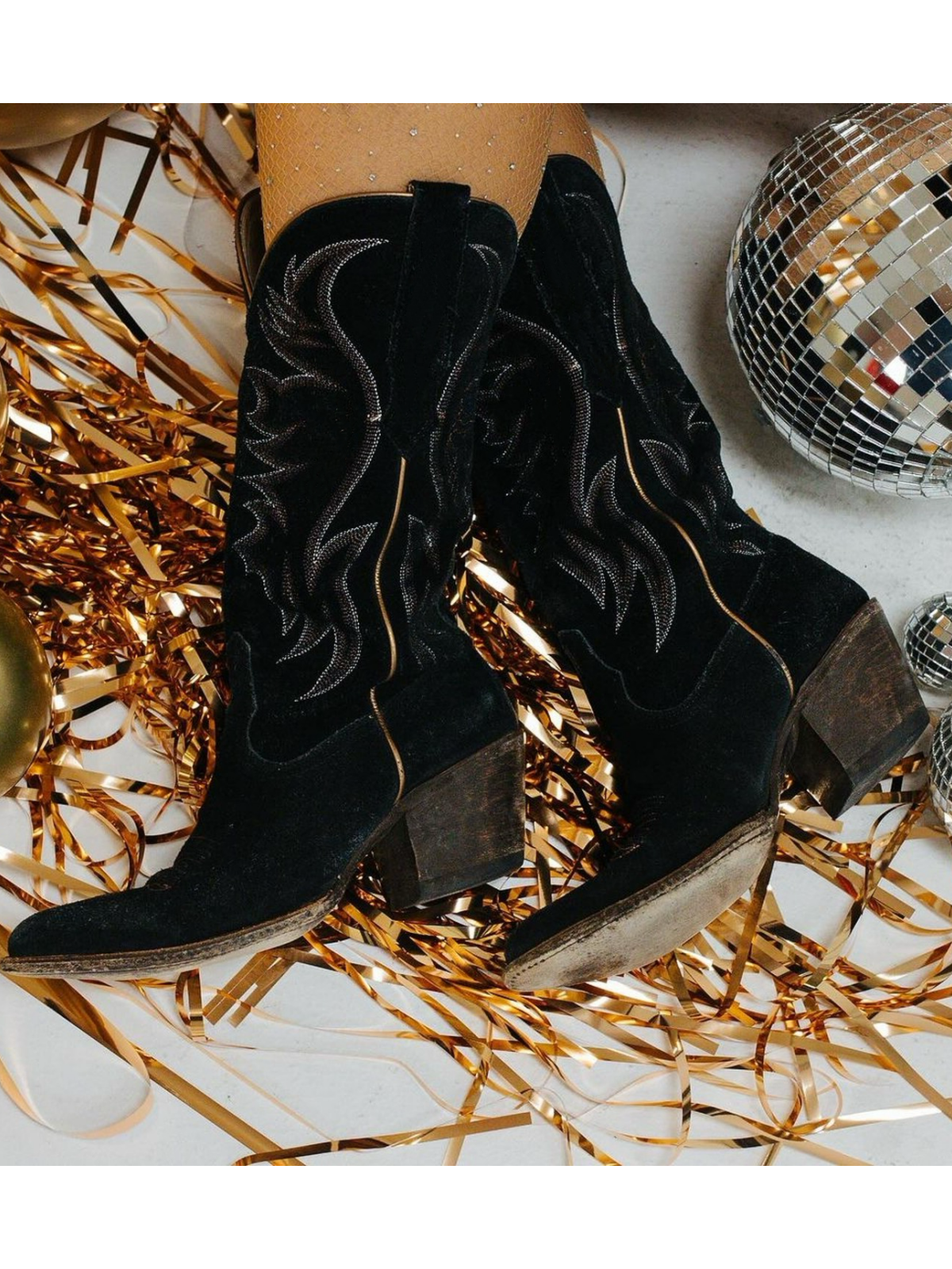 Faux Suede Wings Embroidery Pointed-Toe Wide Mid Calf Tall Cowgirl Boots - Black