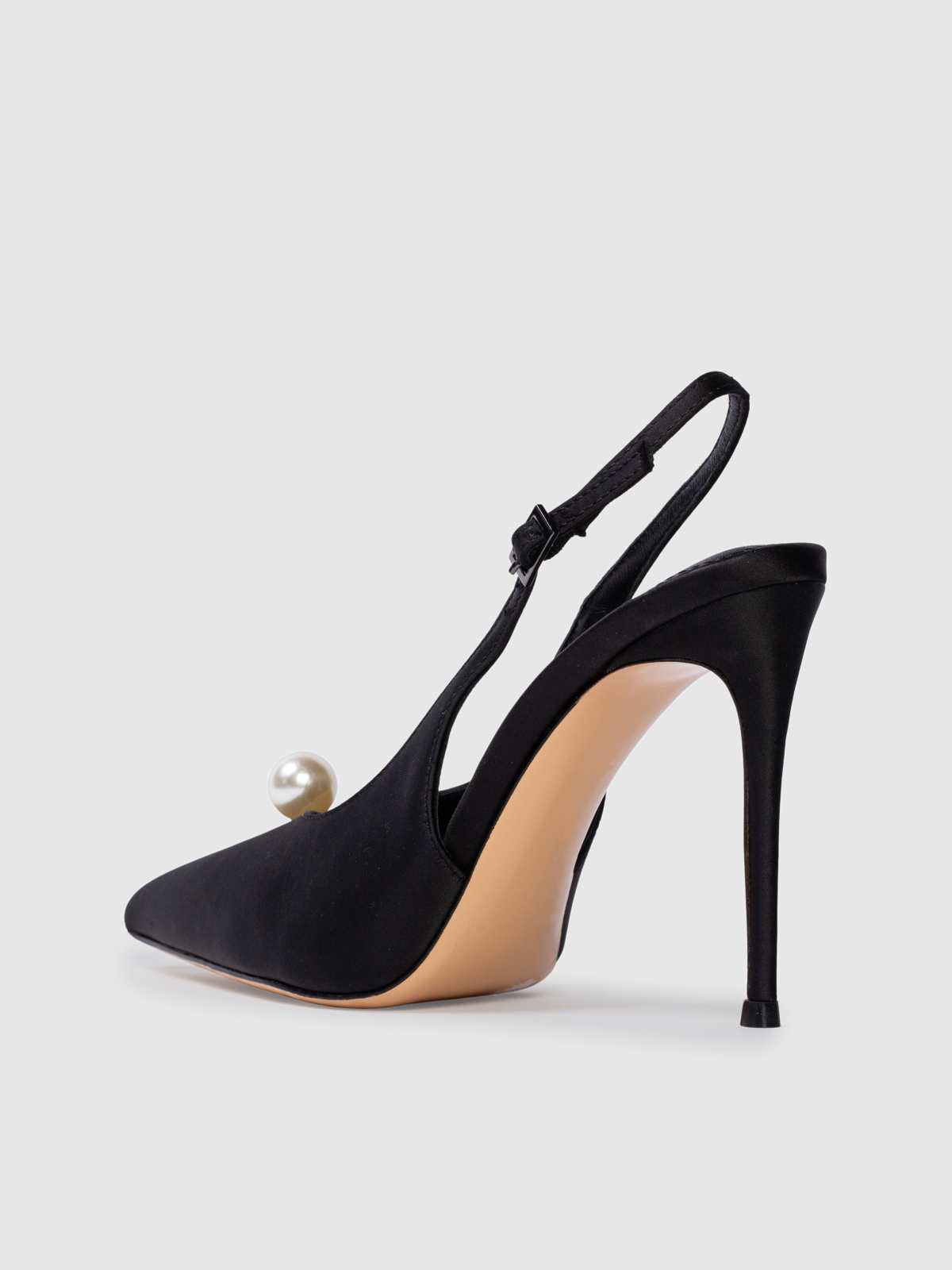 Black Satin Pointed-Toe Slingback Pump High Heels With Pearl