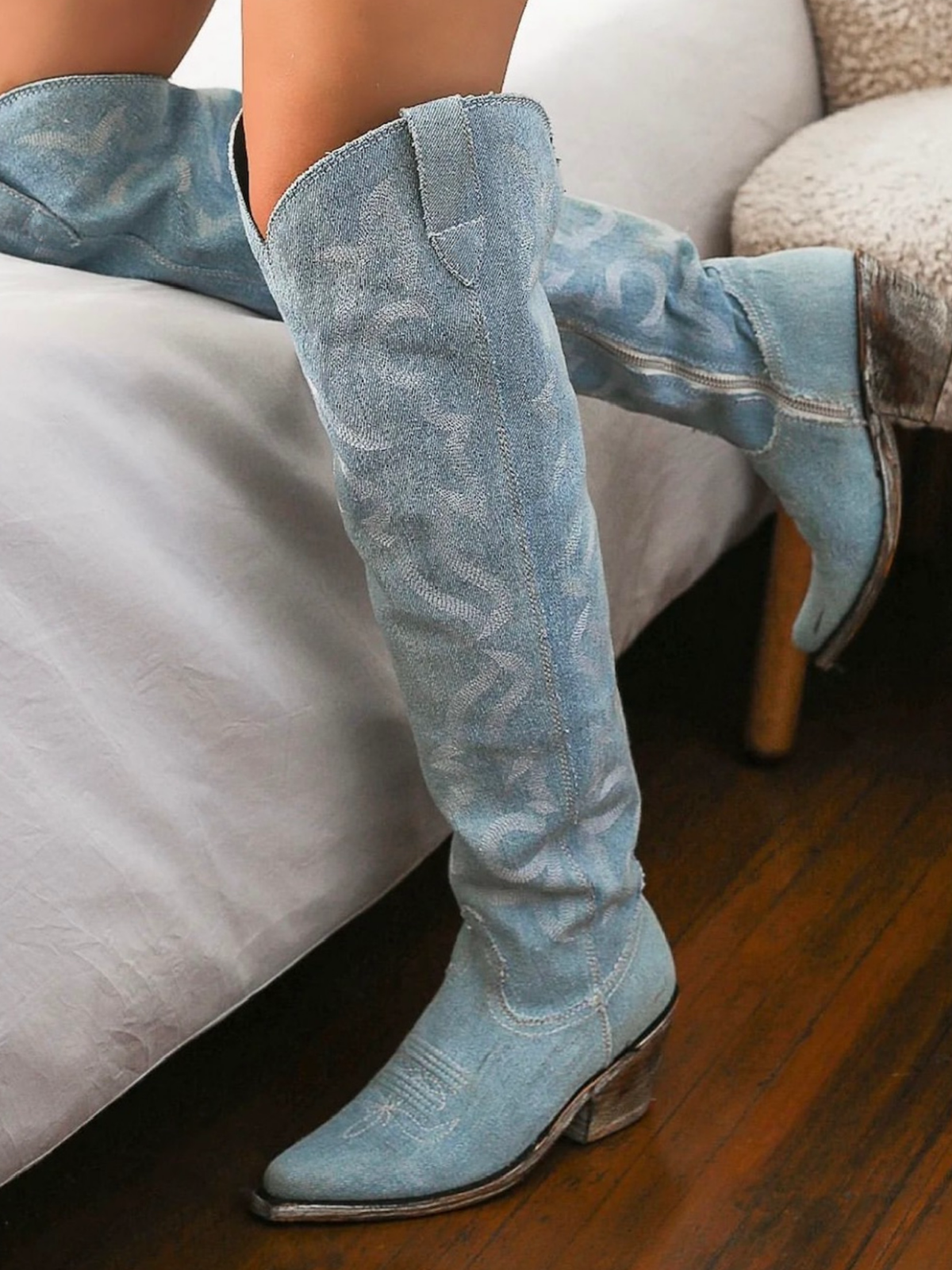 Denim Blue Embroidery Pointed-Toe Half-Zip Over-The-Knee Cowgirl Boots