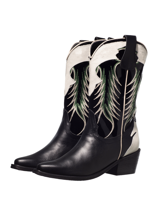 Black Snip-Toe Embroidery White Applique Wide Mid Calf Cowgirl Boots