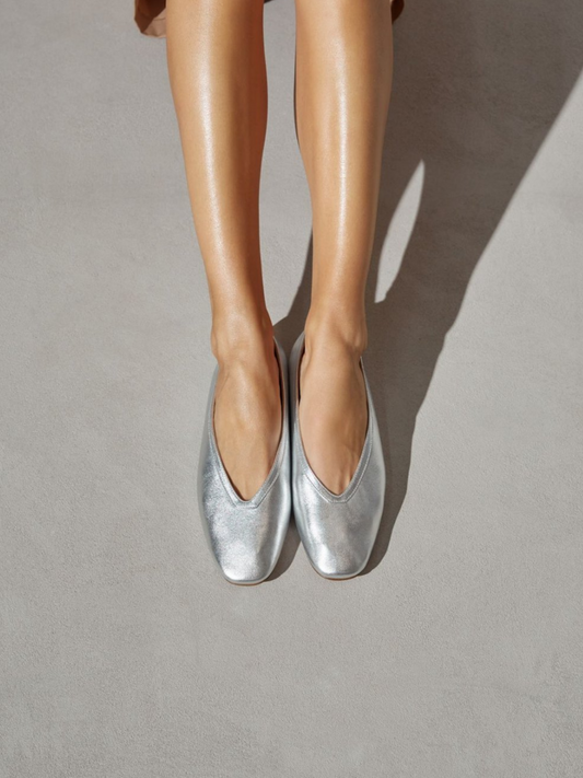 Metallic Silver Square Toe Slip-On Ballet Flats