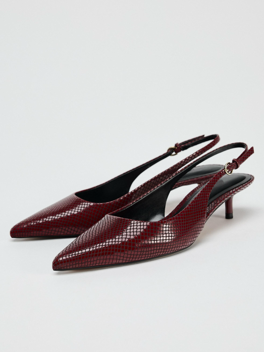 Burgundy Snakeskin Pointed-Toe Slingback Kitten Heels