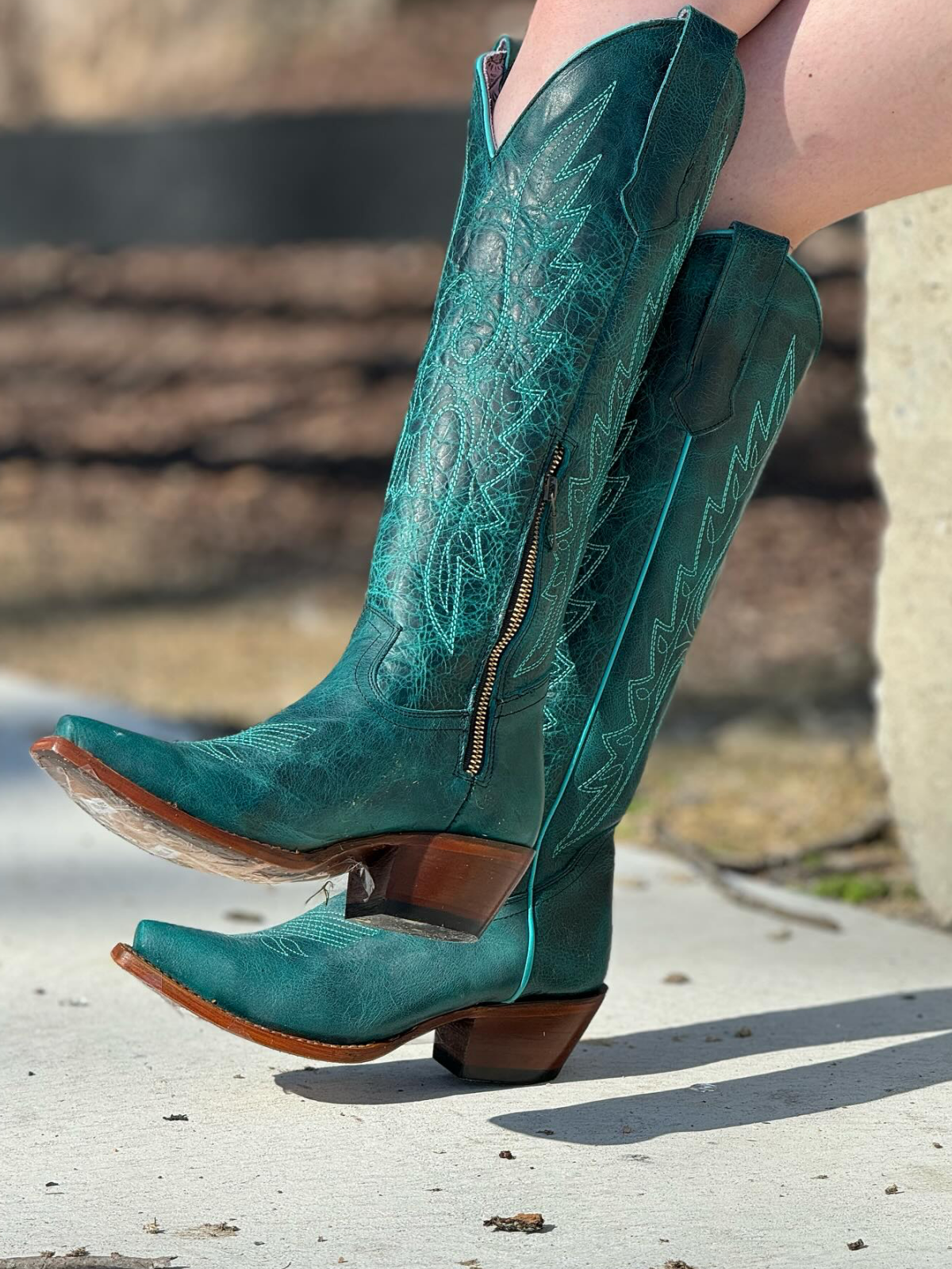 Distressed Turquoise Eagle Embroidery Snip-Toe Half-Zip Cowgirl Knee High Tall Boots