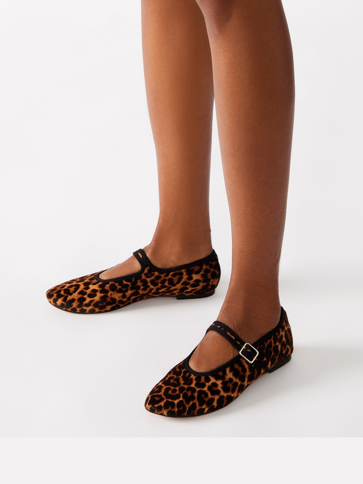 Leopard-Print Pony Hair Round-Toe Bridge Strap Mary Janes Ballet Flats