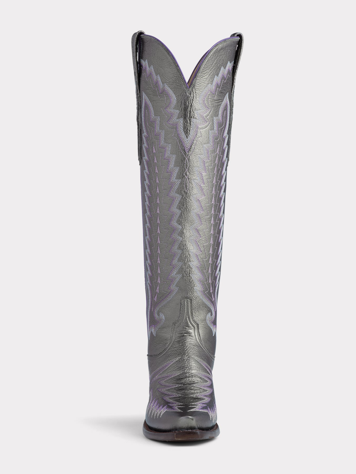 Metallic Pewter Snip-Toe Embroidery Wide Calf Tall Knee High Cowgirl Boots