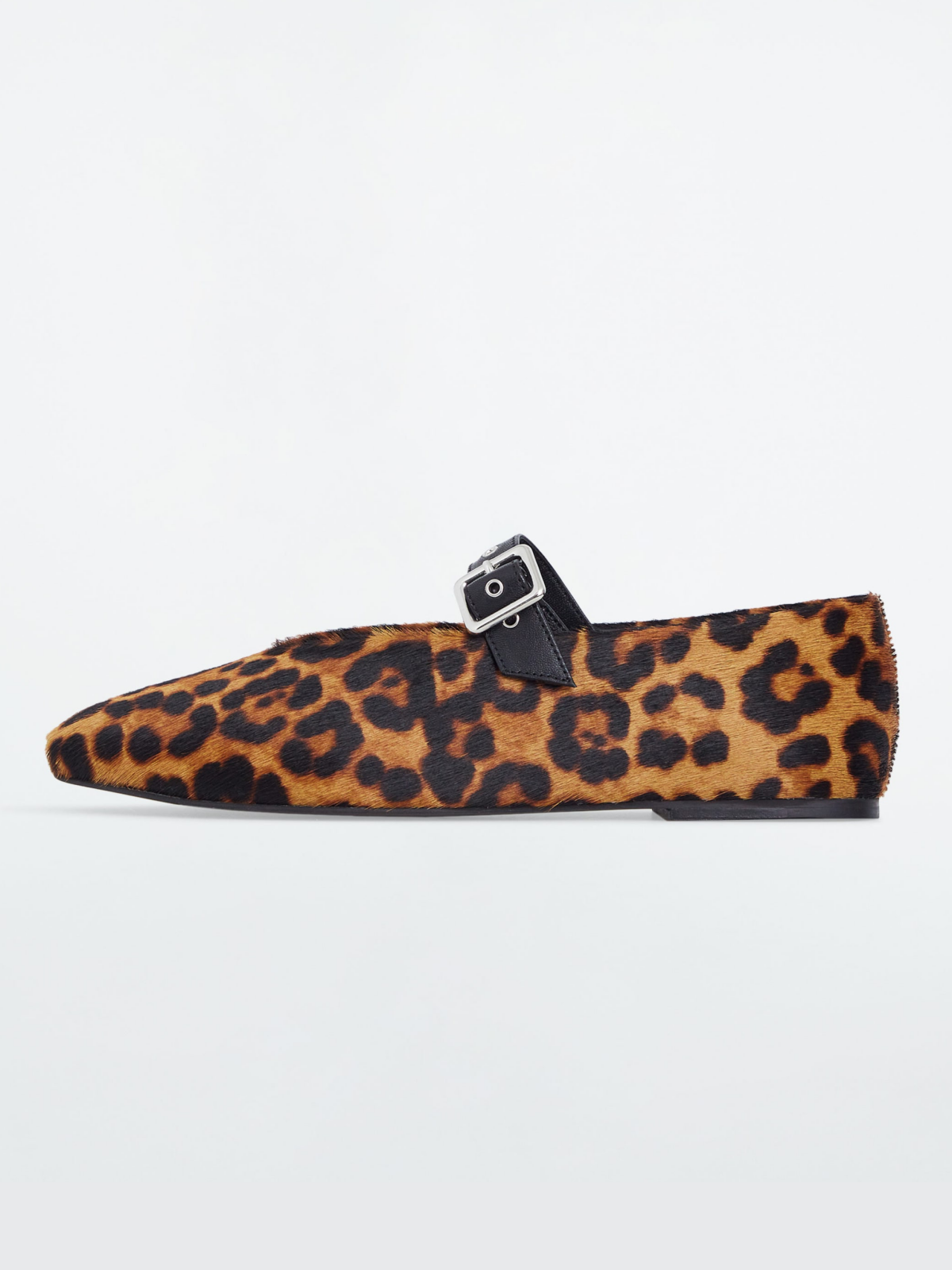 Leopard Faux Pony Hair Round-Toe Bridge Buckle Mary Janes Ballet Flats