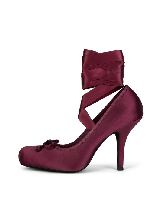 Satin Square-Toe Bow And Thick Ankle Strap Pump High Heels - Wine Red
