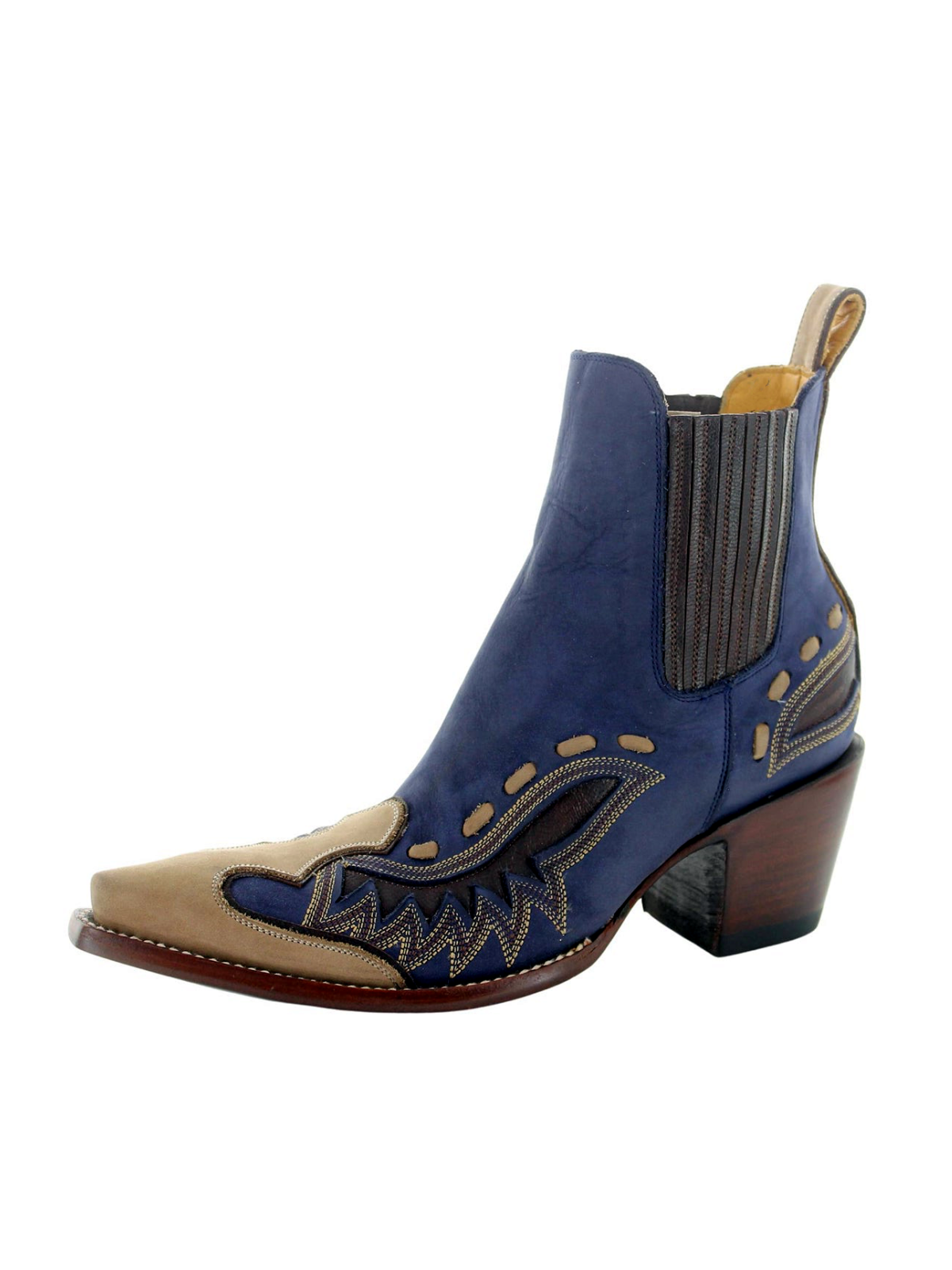 Contrast Blue And Tan Snip-Toe Running Stitch Inlay Ankle Booties