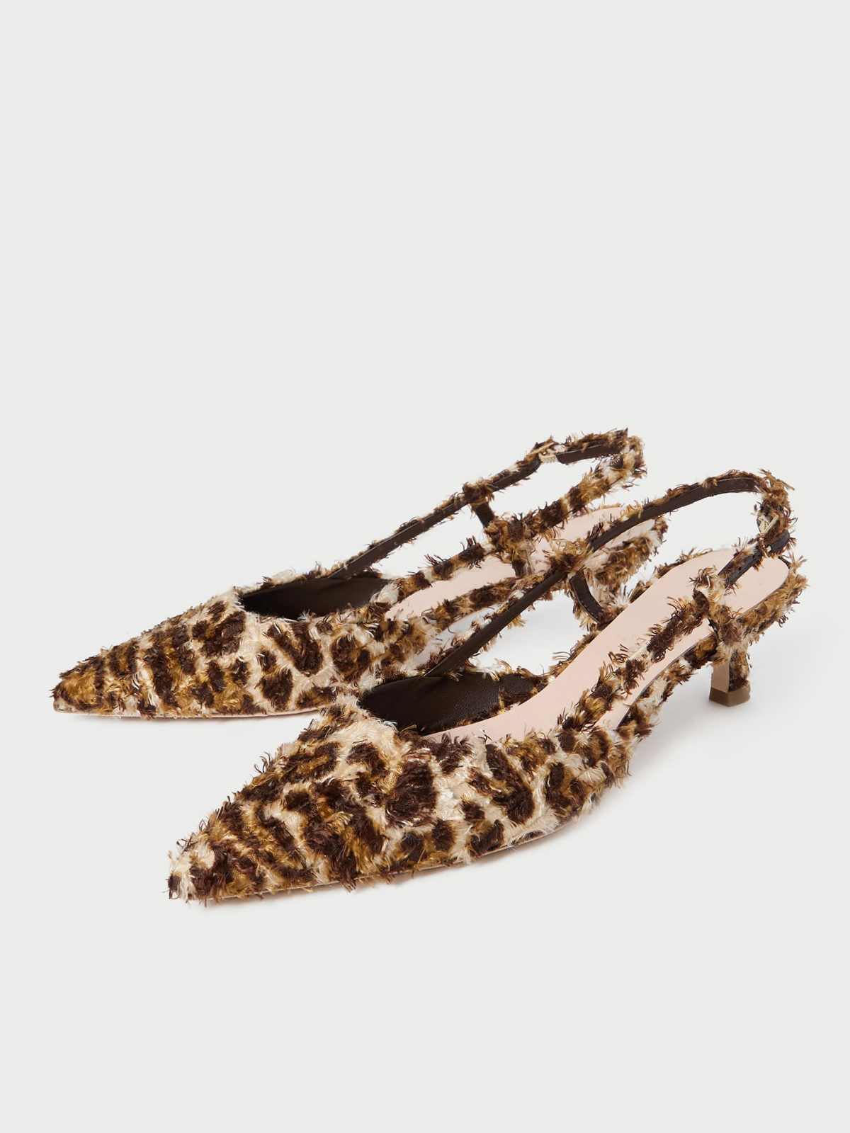 Leopard Plush Fabric Pointed-Toe Slingback Kitten Heels