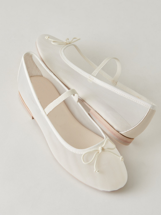 Bow Round-Toe Ballet Flats Mary Janes in White Mesh