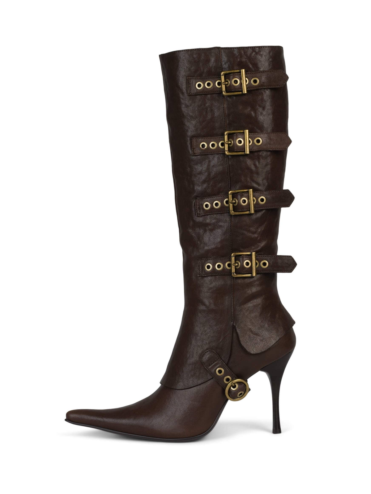 Brown Pointed-Toe Full-Zip Mid Calf Stiletto Boots With Buckles