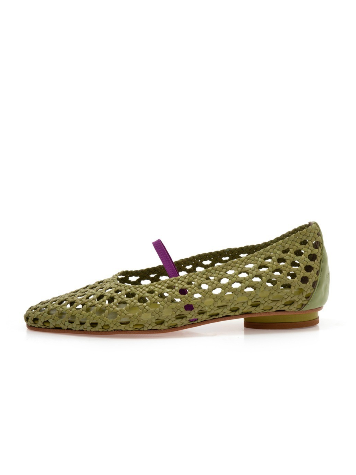 Woven Hollow-Out Square-Toe Ballet Flats Mary Janes In Olive Green