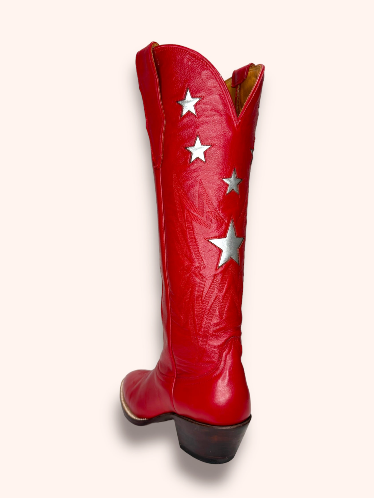 Metallic Star Inaly Embroidery Almond-Toe Wide Mid Calf Tall Cowgirl Boots - Red