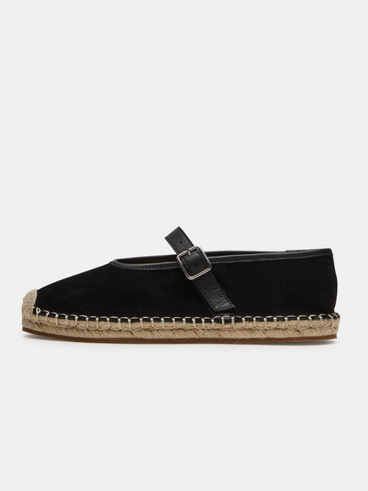 Black Faux Suede Round-Toe Bridge Strap Side Buckle Mary Janes Espadrille Flats