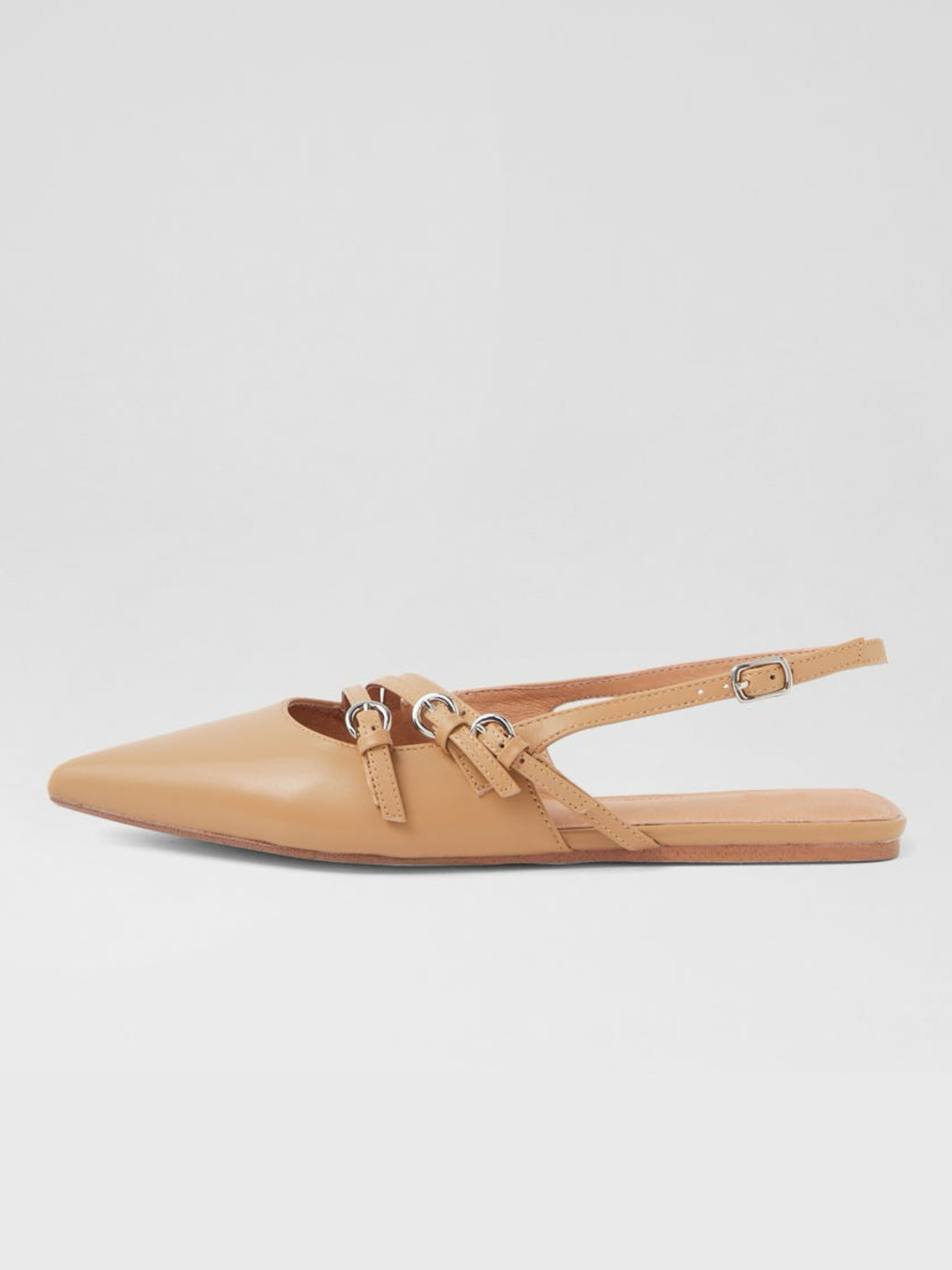 Camel Pointed-Toe Flats With Buckled Slingback