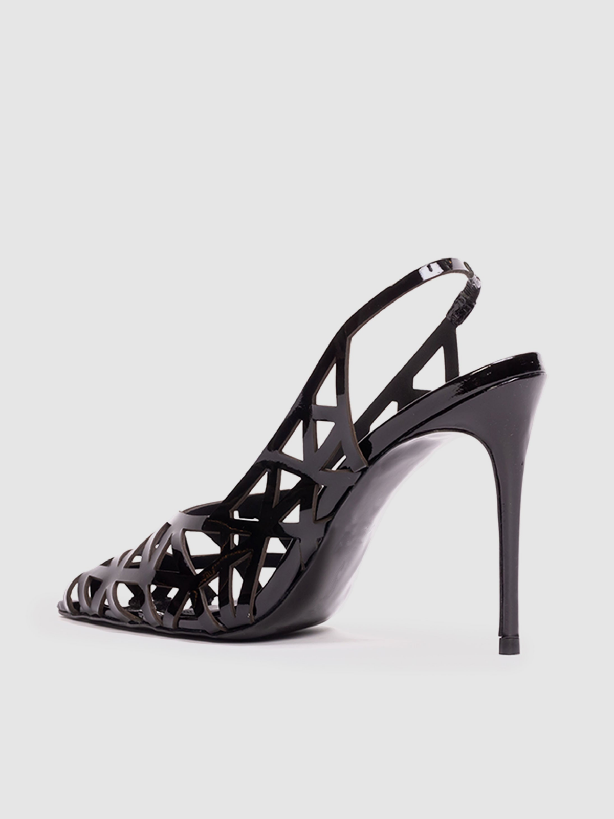 Patent Black Pointed-Toe Laser-Cut Slingback Pump High Heels