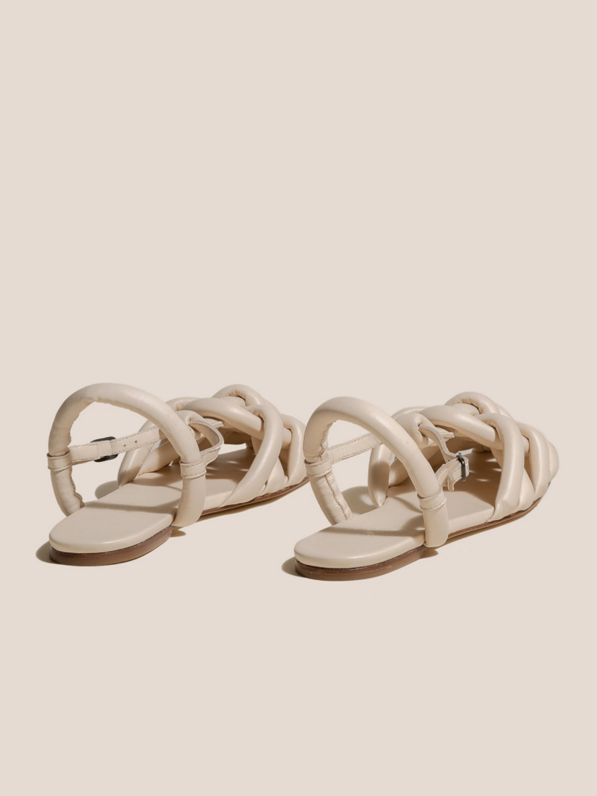 Ivory Padded Strap Interwined Square-Toe Flats Sandals With Ankle T-Strap