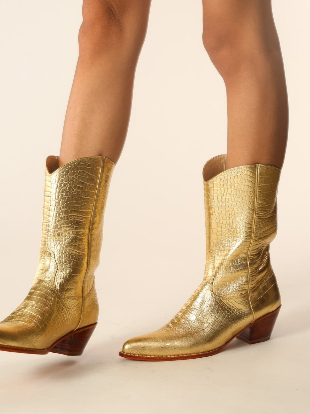 Metallic Gold Crocodile-Embossed Almond-Toe Back-Zip Mid Calf Cowgirl Boots