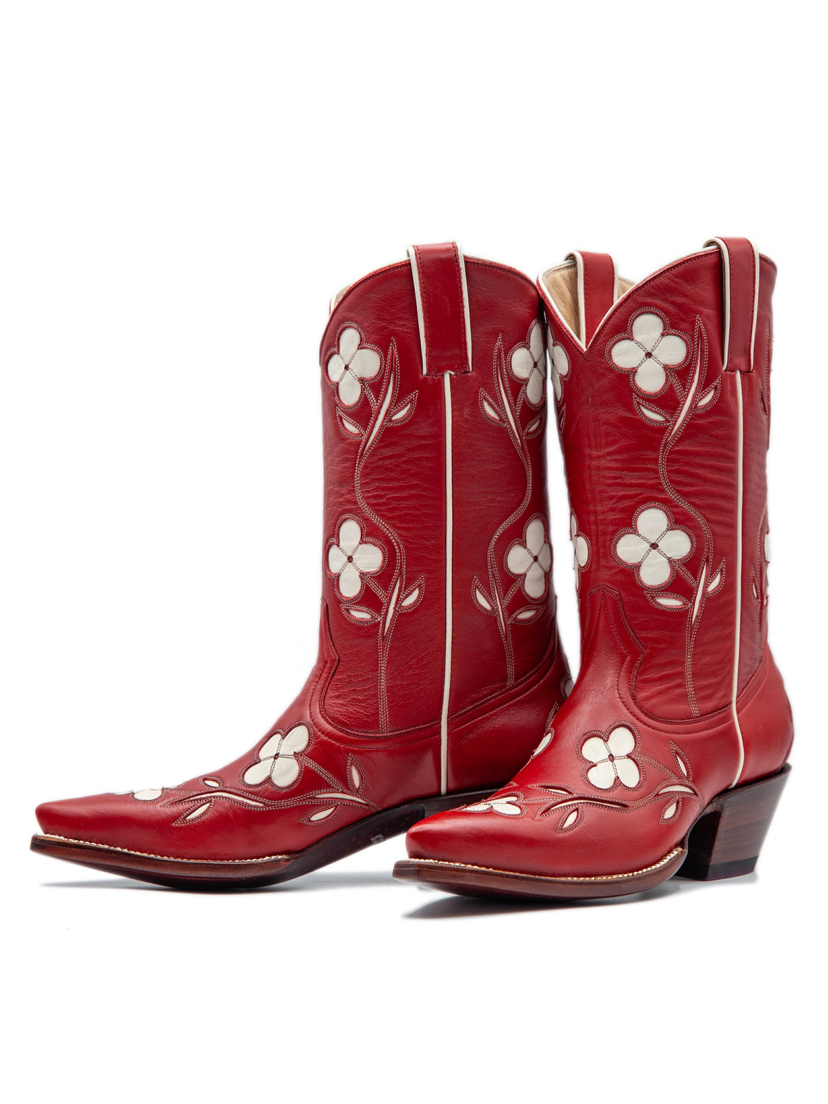 White Flower Inlay Pointed-Toe Wide Mid Calf Tall Cowgirl Boots In Red