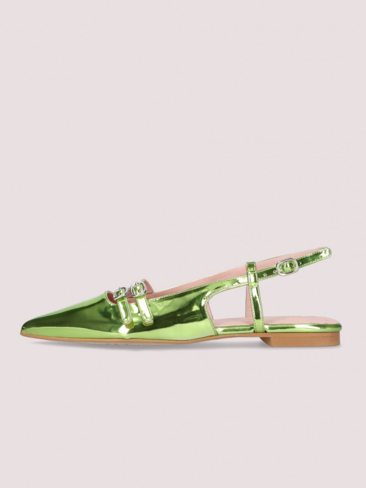 Metallic Lime Green Pointy Buckled Strappy Slingback Ballet Flats