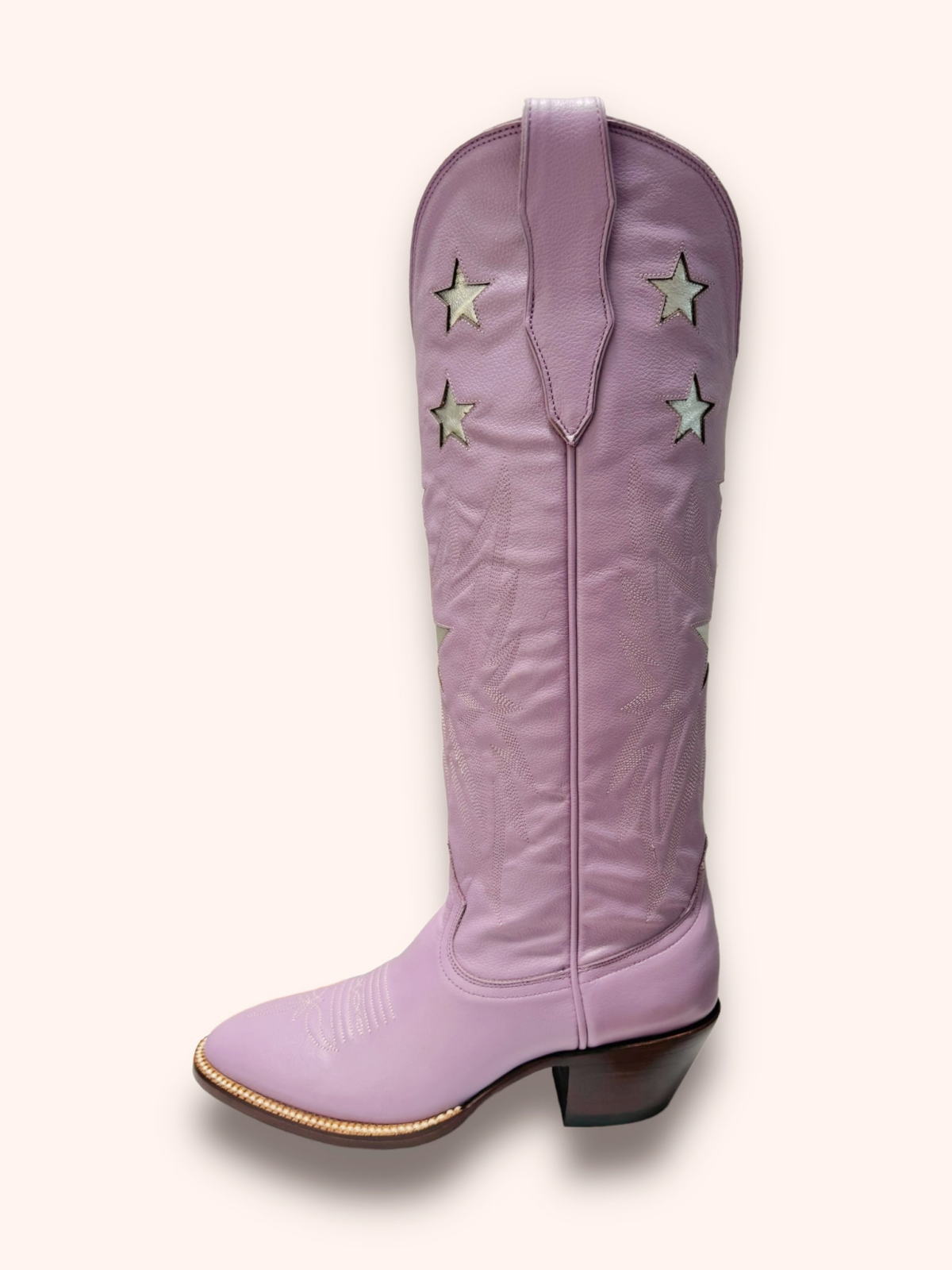 Metallic Star Inaly Embroidery Almond-Toe Wide Mid Calf Tall Cowgirl Boots - Light Purple