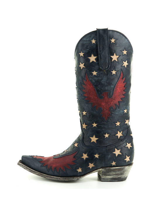 Navy Blue Snip-Toe Star And Eagle Inlay Wide Mid Calf Cowgirl Boots