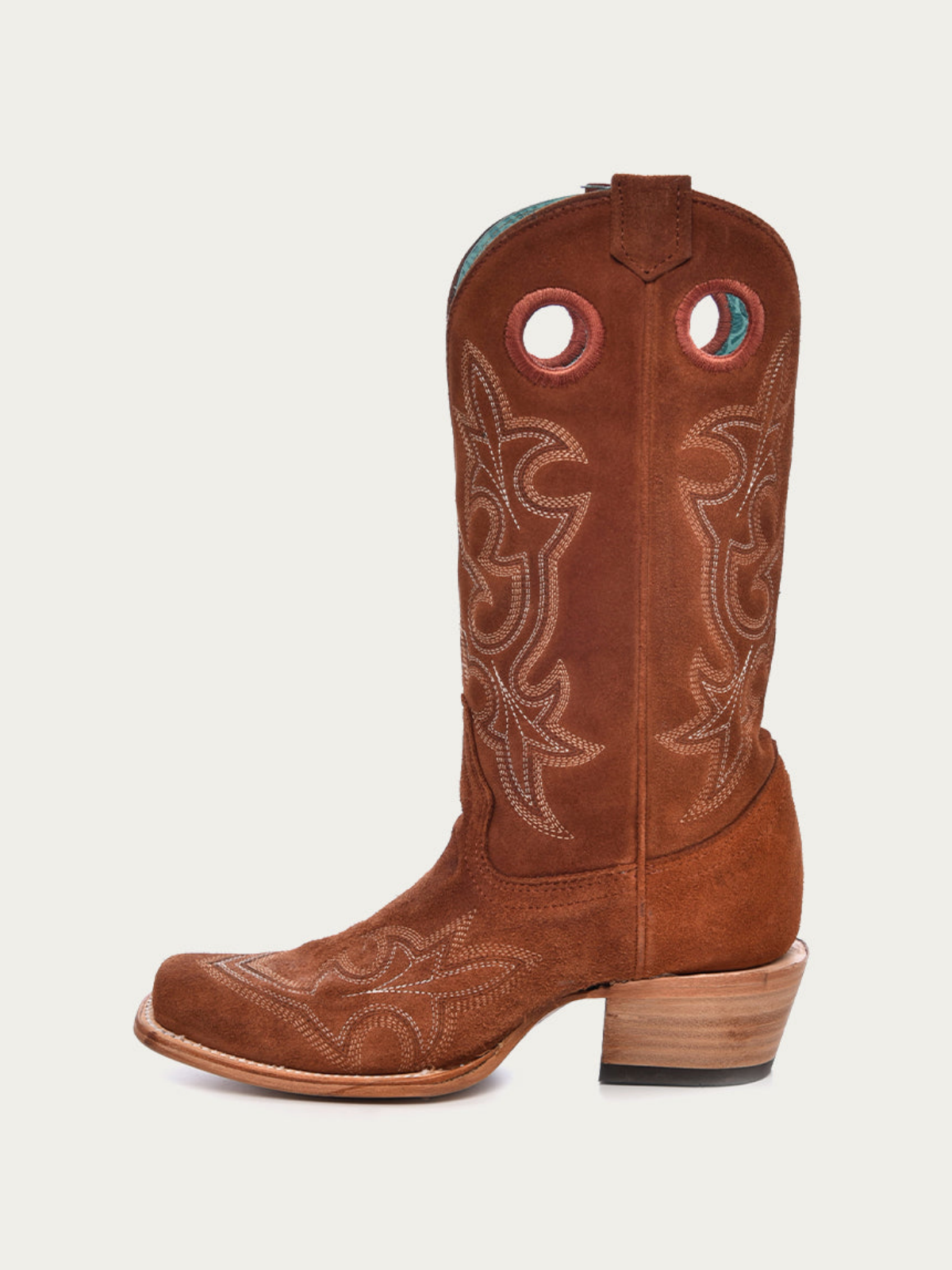 Faux Suede Cut-Out Square-Toe Embroidery Wide Mid Calf Cowgirl Boots - Brown