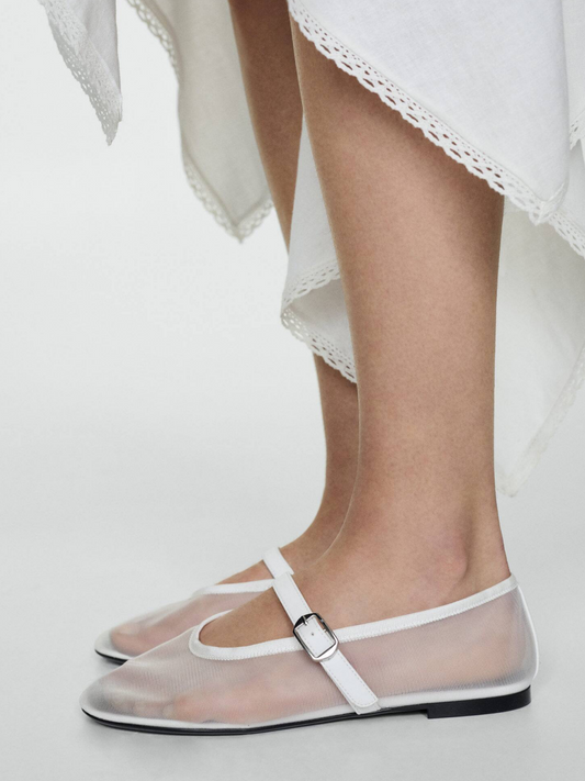 White Mesh Ballet Flats Mary Janes With Buckle Strap