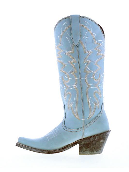 Powder Blue Pointed-Toe Star Embroidery Wide Mid Calf Tall Western Boots