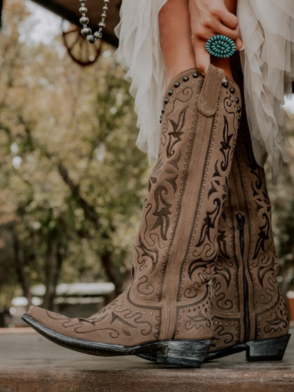 Light Brown Faux Suede Snip-Toe Complex Embroidery Studded Half-Zip Knee High Cowgirl Boots