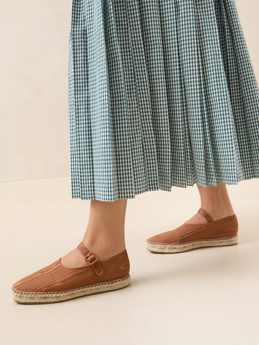 Brown Cloth Almond-Toe Adjustable Bridge Strap Espadrille Mary Janes Flats