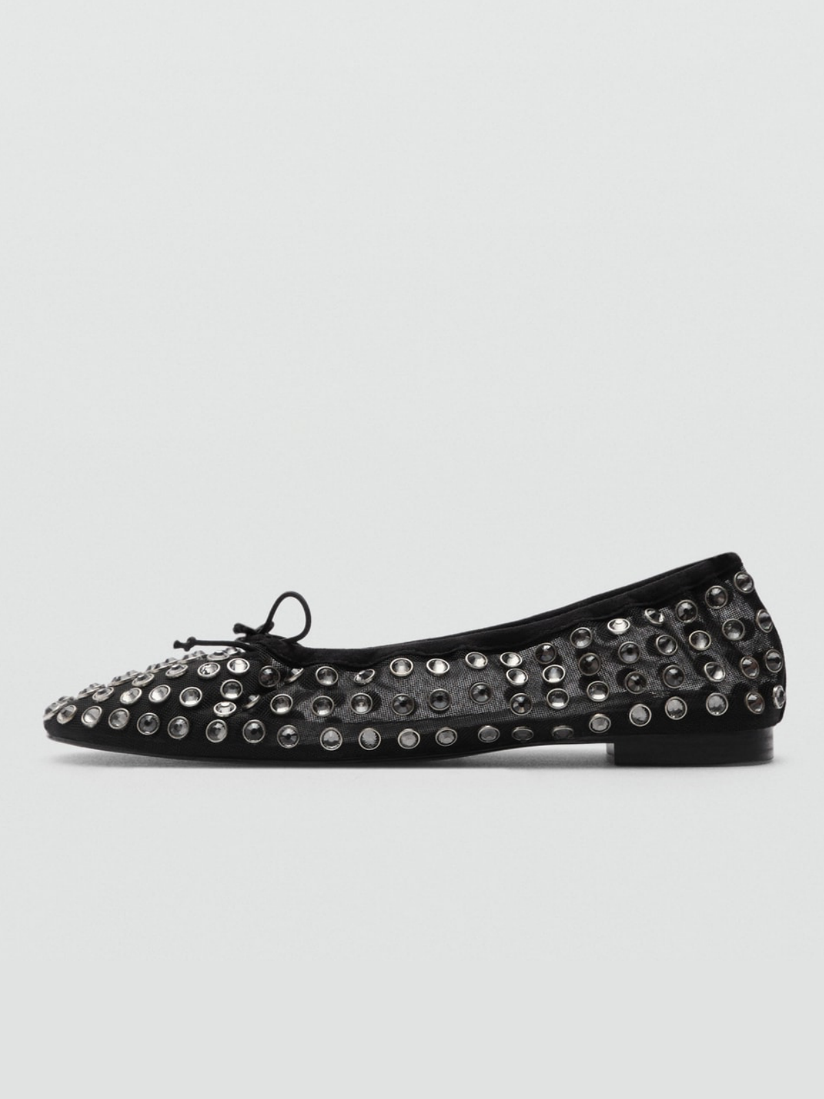 Black Faux Suede Round-Toe Mesh Studded Ballet Flats