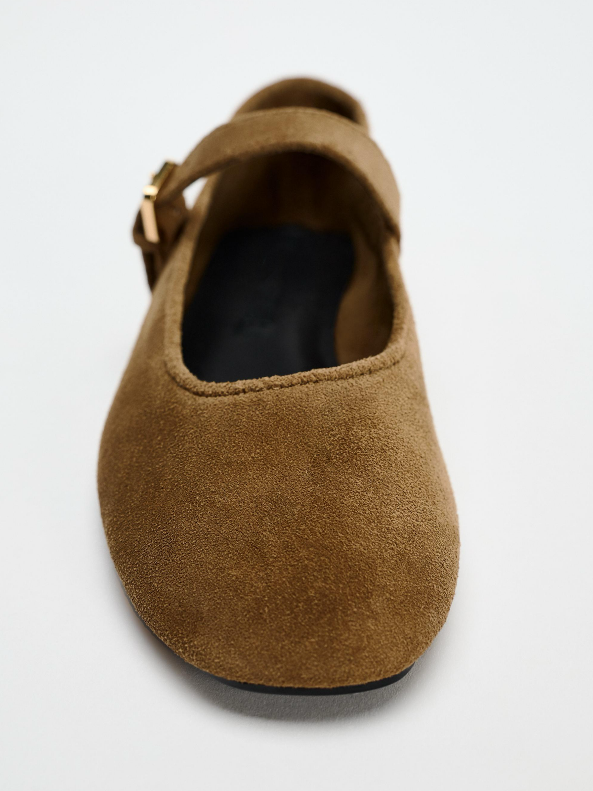 Dark Tan Faux Suede Round-Toe Buckle Closure At Instep Ballet Flats