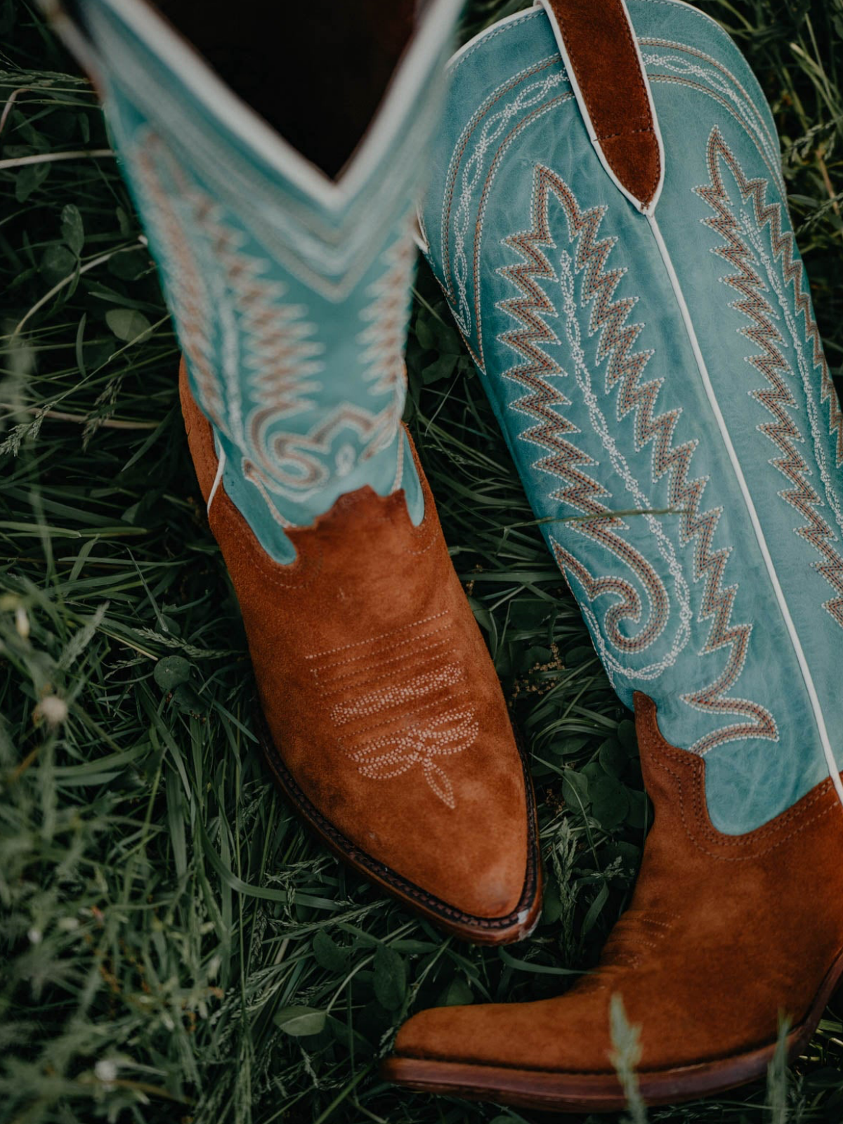 Contrast Teal Green And Brown Faux Suede Almond-Toe Embroidery Wide Mid Calf Cowgirl Boots