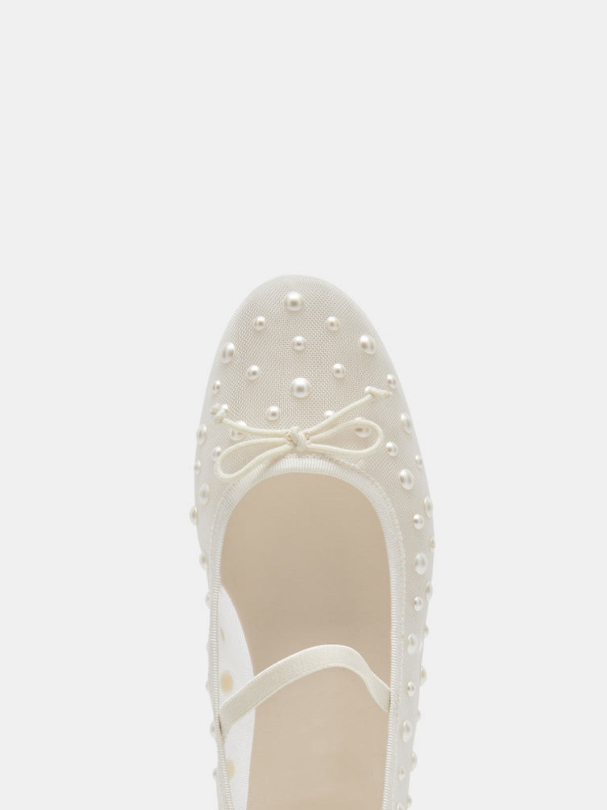 Ivory White Bow Pearl Semi-Transparent Mesh Ballet Flats Mary Janes