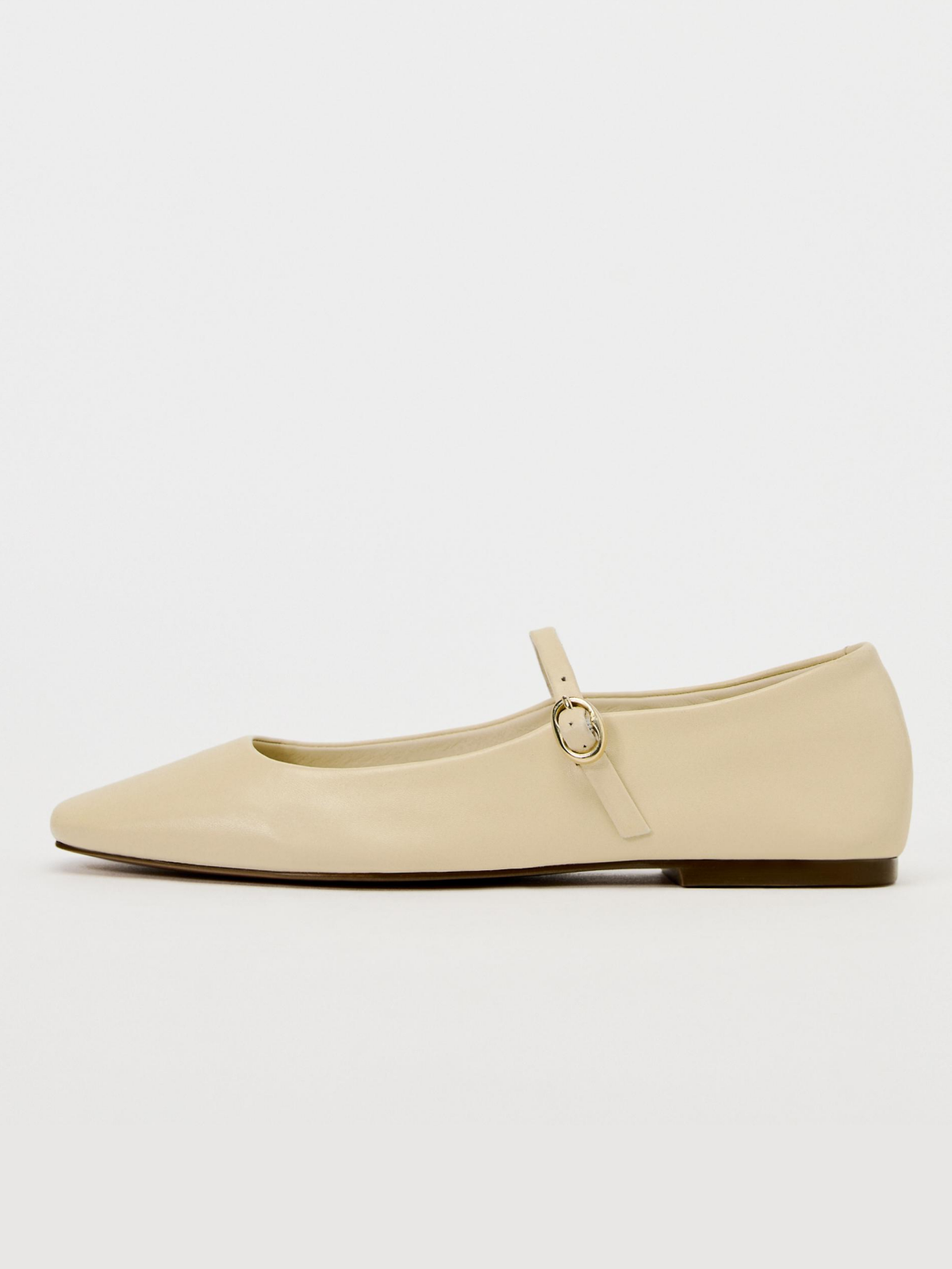 Beige Vegan Leather Square-Toe Ballet Flats Mary Janes With Buckled Strap