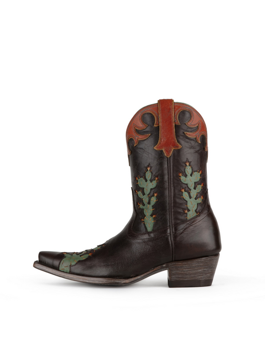 Chocolate Snip-Toe Wide Mid Calf Cowgirl Boots With Cactus Inlay And Applique