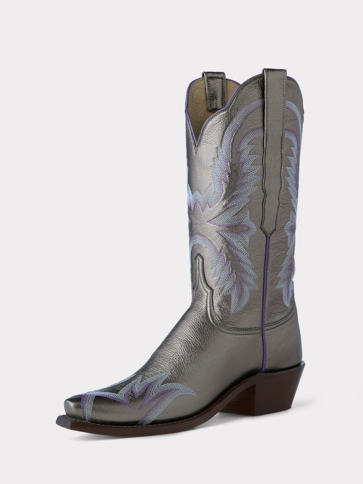 Metallic Pewter Snip-Toe Embroidery Wide Mid Calf Tall Cowgirl Boots