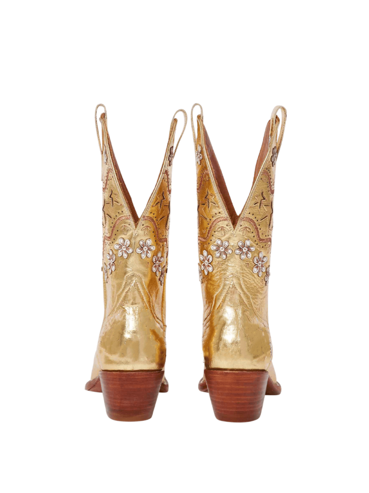 Metallic Gold Snip-Toe Stars Inlay And Flowers Applique Wide Mid Calf Cowgirl Boots