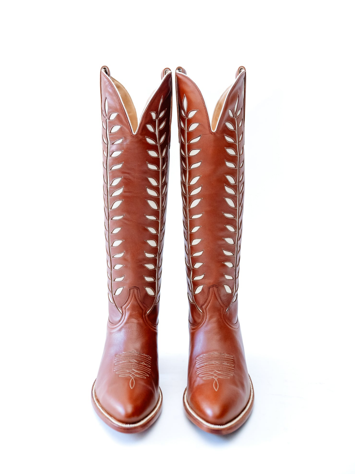 Almond-Toe Ivory Leaves Inlay Wide Calf Tall Knee High Cowgirl Boots - Brandy