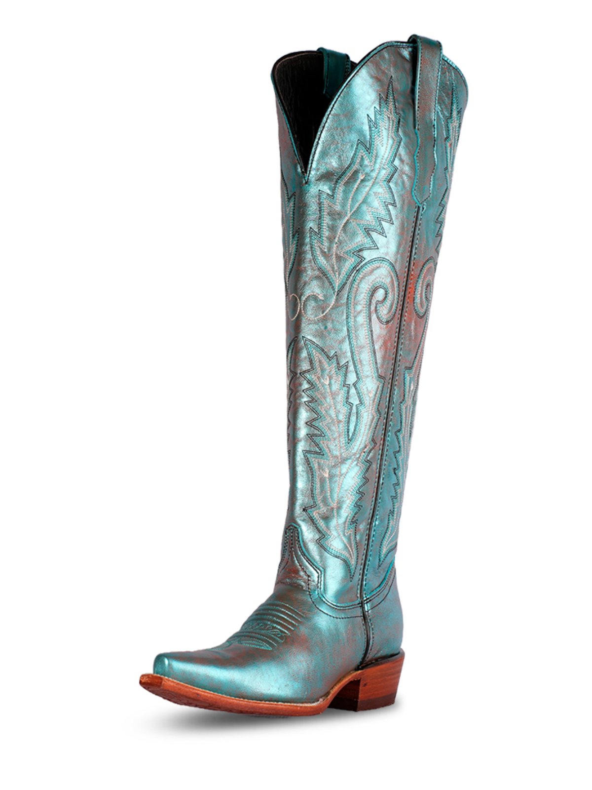 Metallic Turquoise Snip-Toe Leaf Embroidery Half-Zip Over-The-Knee Cowgirl Boots