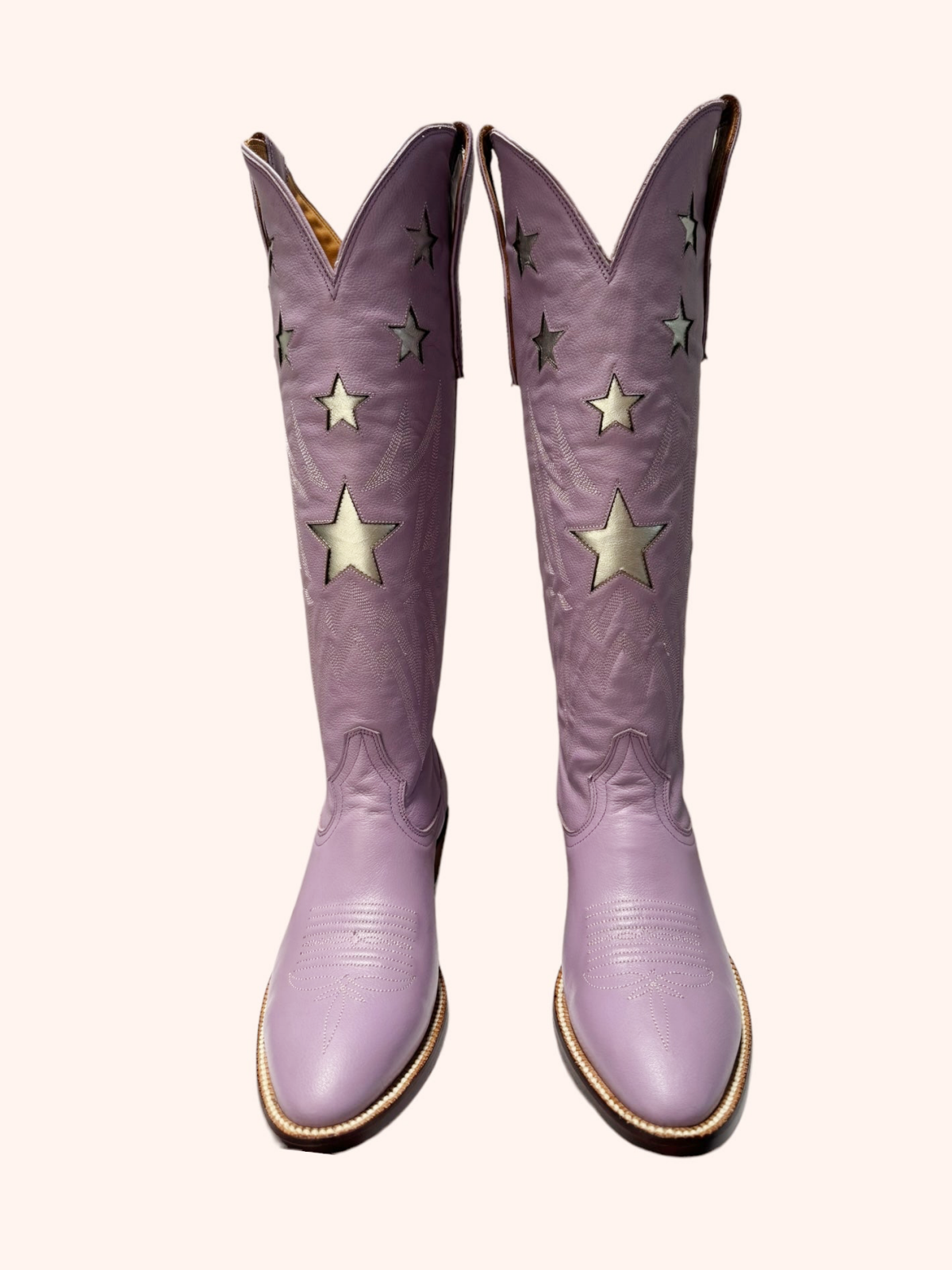 Metallic Star Inaly Embroidery Almond-Toe Wide Mid Calf Tall Cowgirl Boots - Light Purple