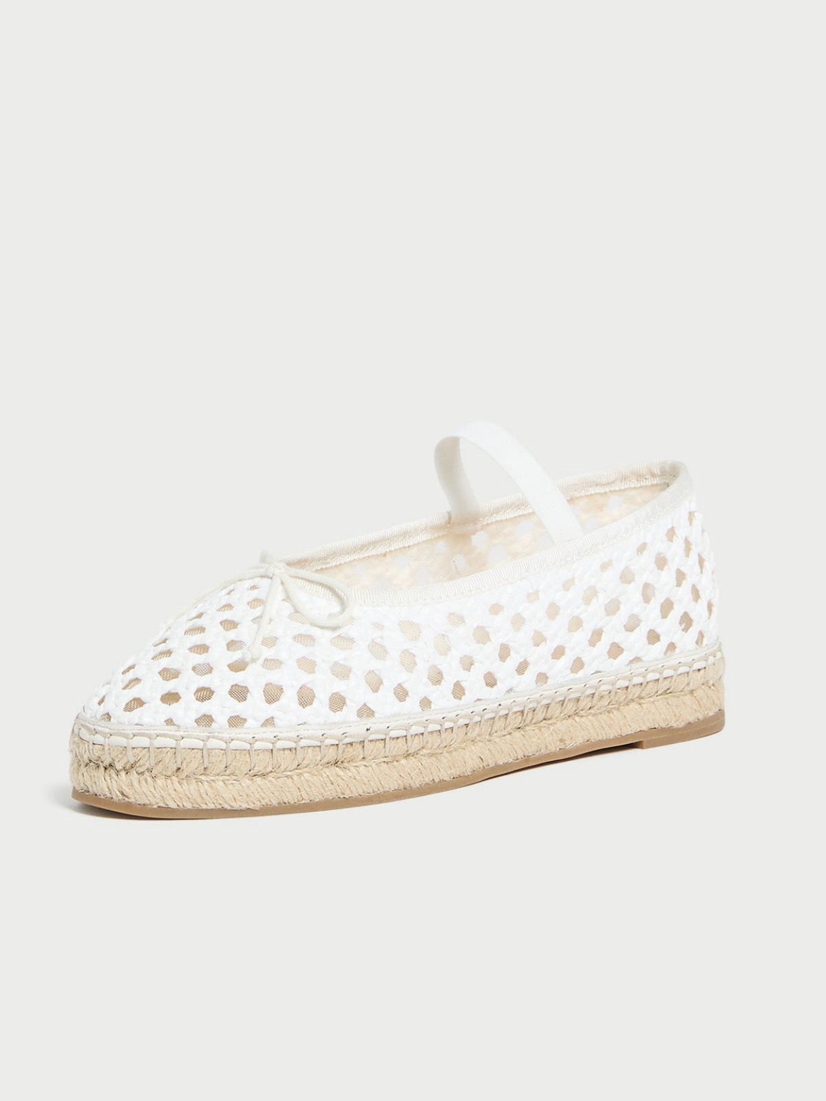 White Almond-Toe Elastic Bridge Strap Mesh Bow Espadrille Ballet Flats