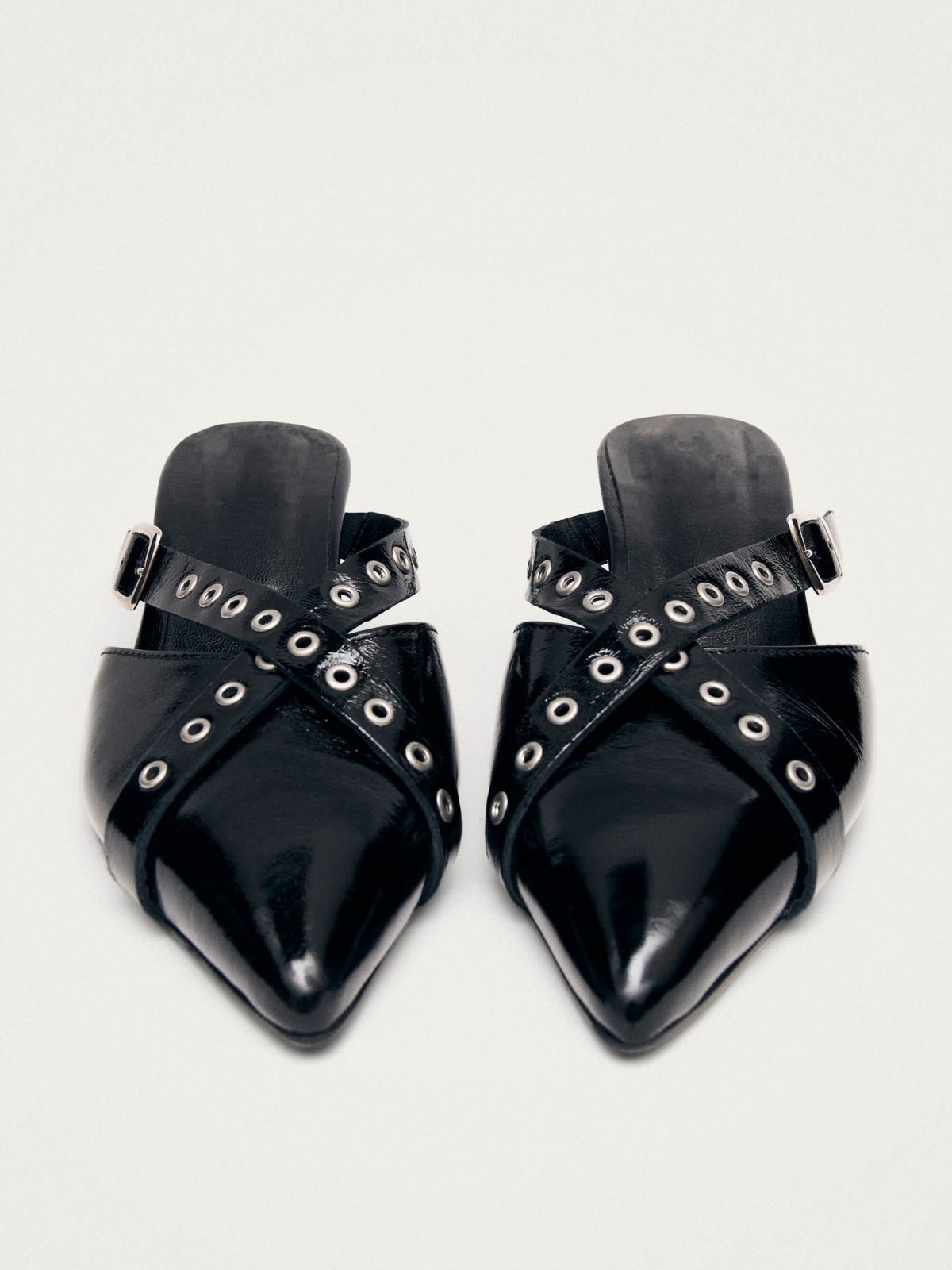 Patent Black Pointed-Toe Eyelet-Embellished Cross Straps Mules