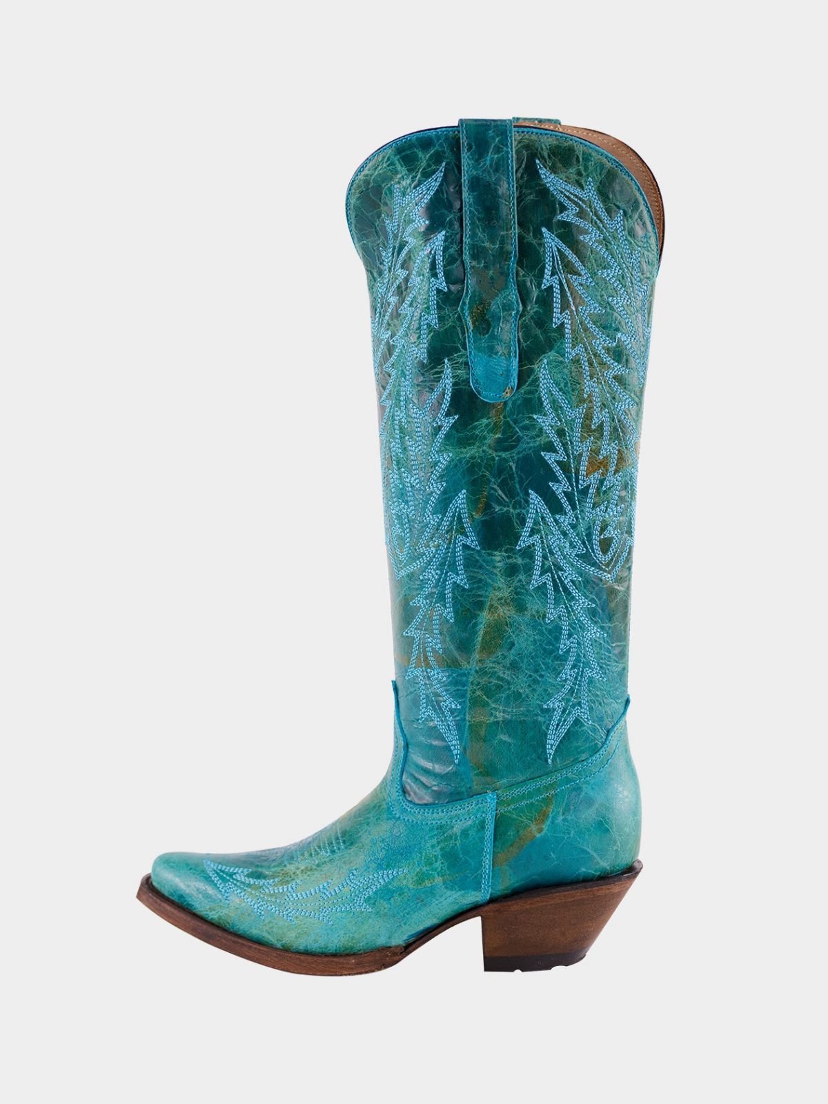 Distressed Snip-Toe Leaf Embroidery Half-Zip Mid Calf Tall Cowgirl Boots - Turquoise