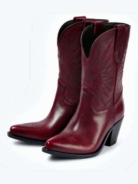 Snip-Toe Star Burst Embroidery Wide Mid Calf Cowgirl Boots - Wine Red