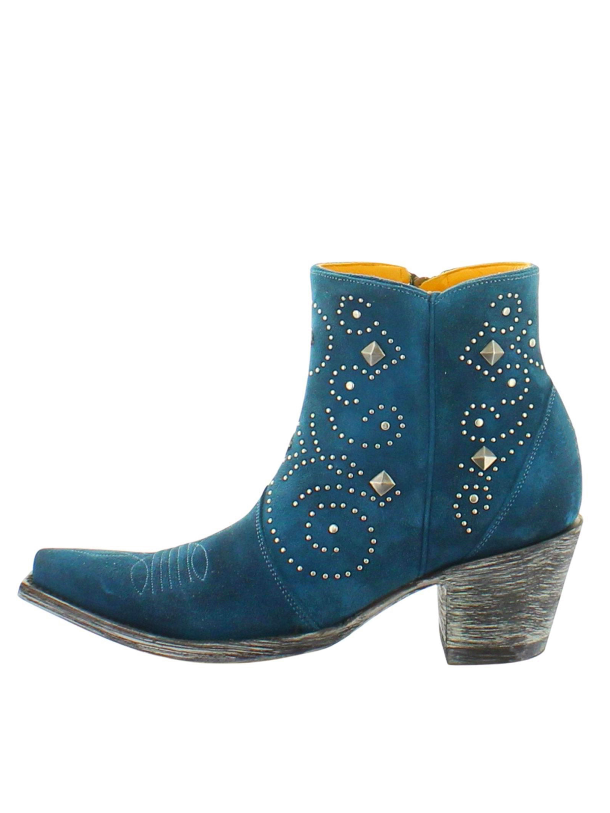 Teal Blue Snip-Toe Studded Full-Zip Short Mid Calf Cowgirl Boots