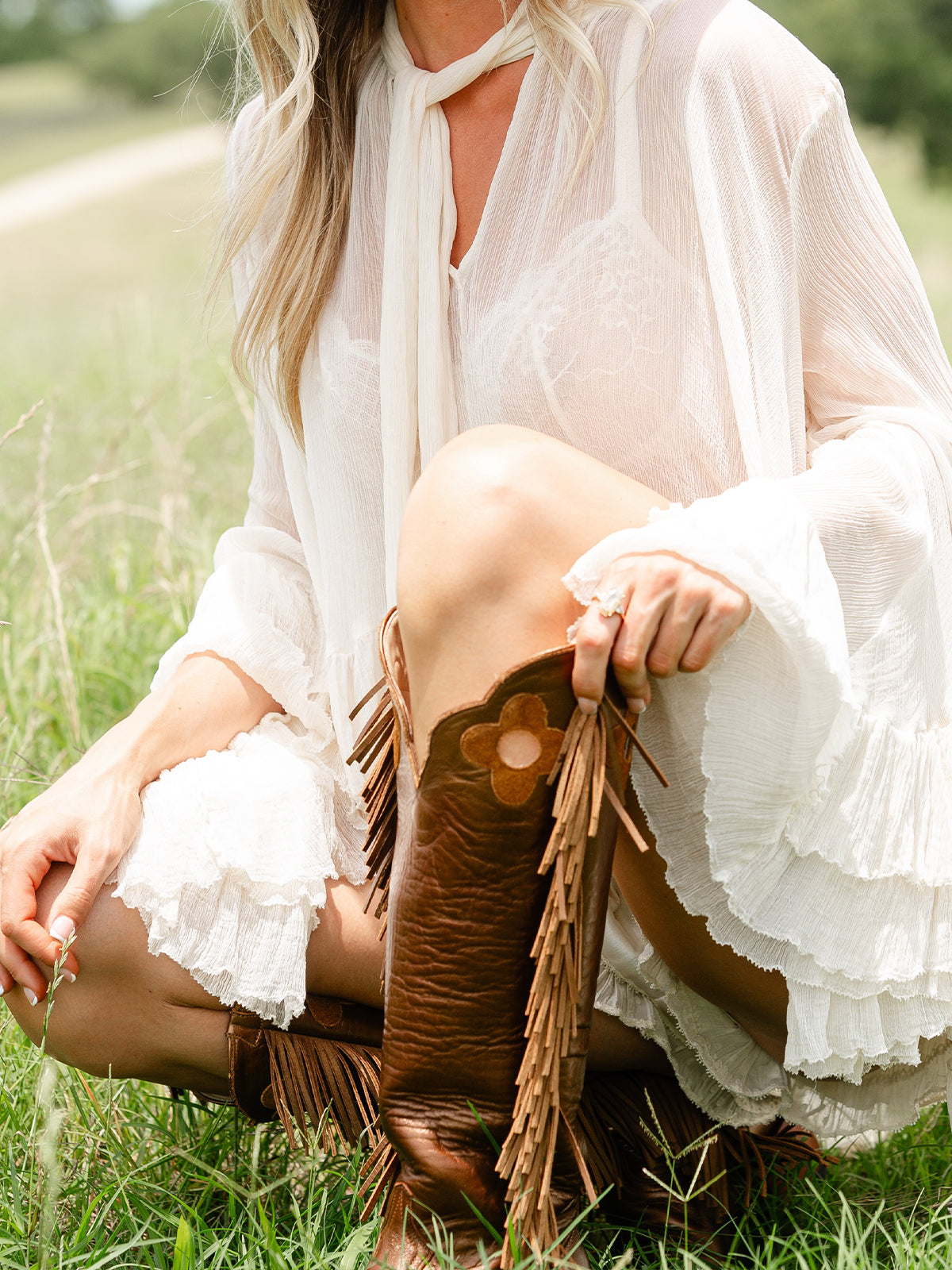 Bronze Pointed-Toe Side Fringes And Cutout Wide Calf Knee High Cowgirl Boots