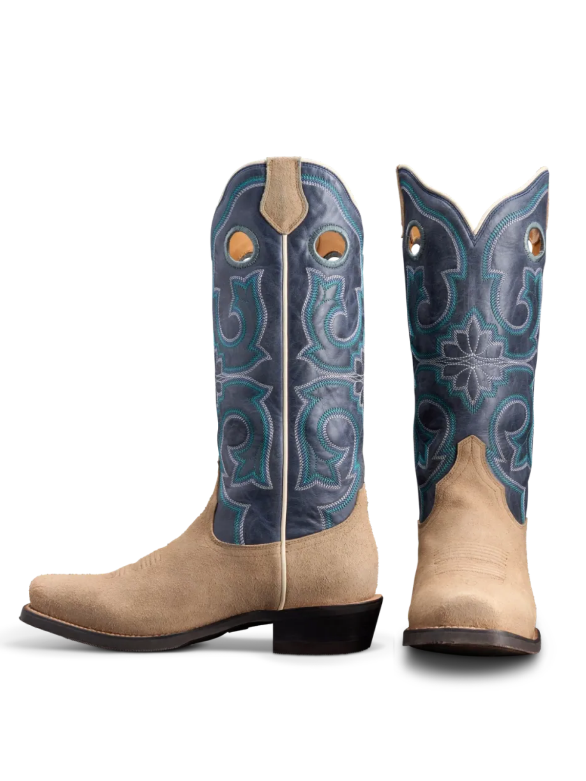 Contrast Indigo And Tan Faux Suede Square-Toe Embroidery Cutout Wide Mid Calf Cowgirl Boots